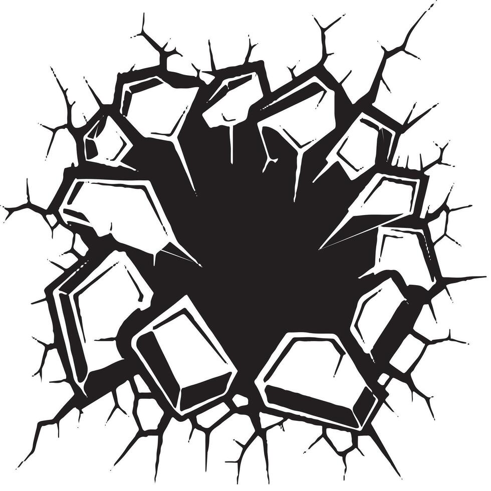 Cracked Wall Hole with Debris Black and White Destruction Illustration vector