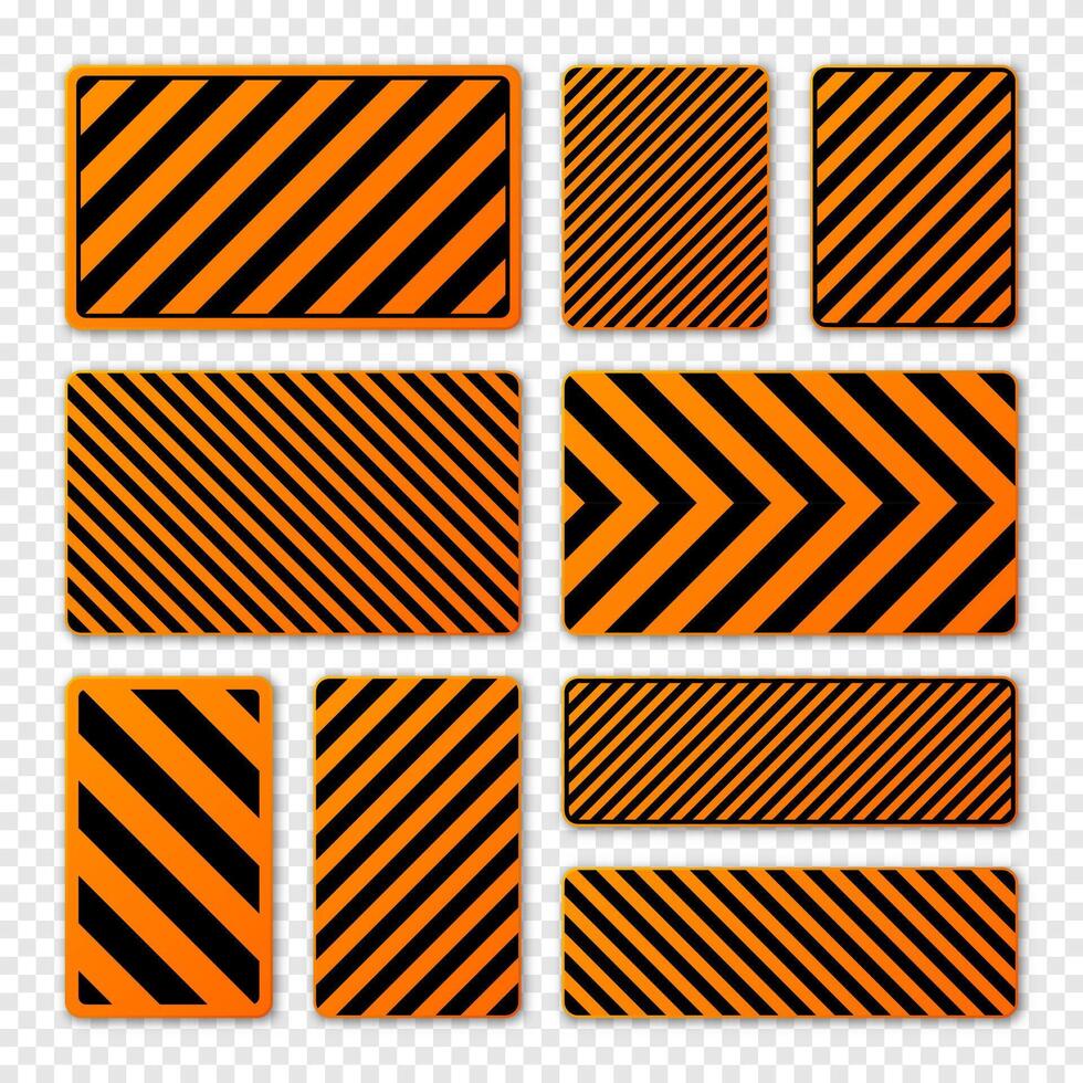 Various black and orange warning signs with diagonal lines. Attention, danger or caution sign, construction site signage. Realistic notice signboard, warning banner, road shield. illustration vector