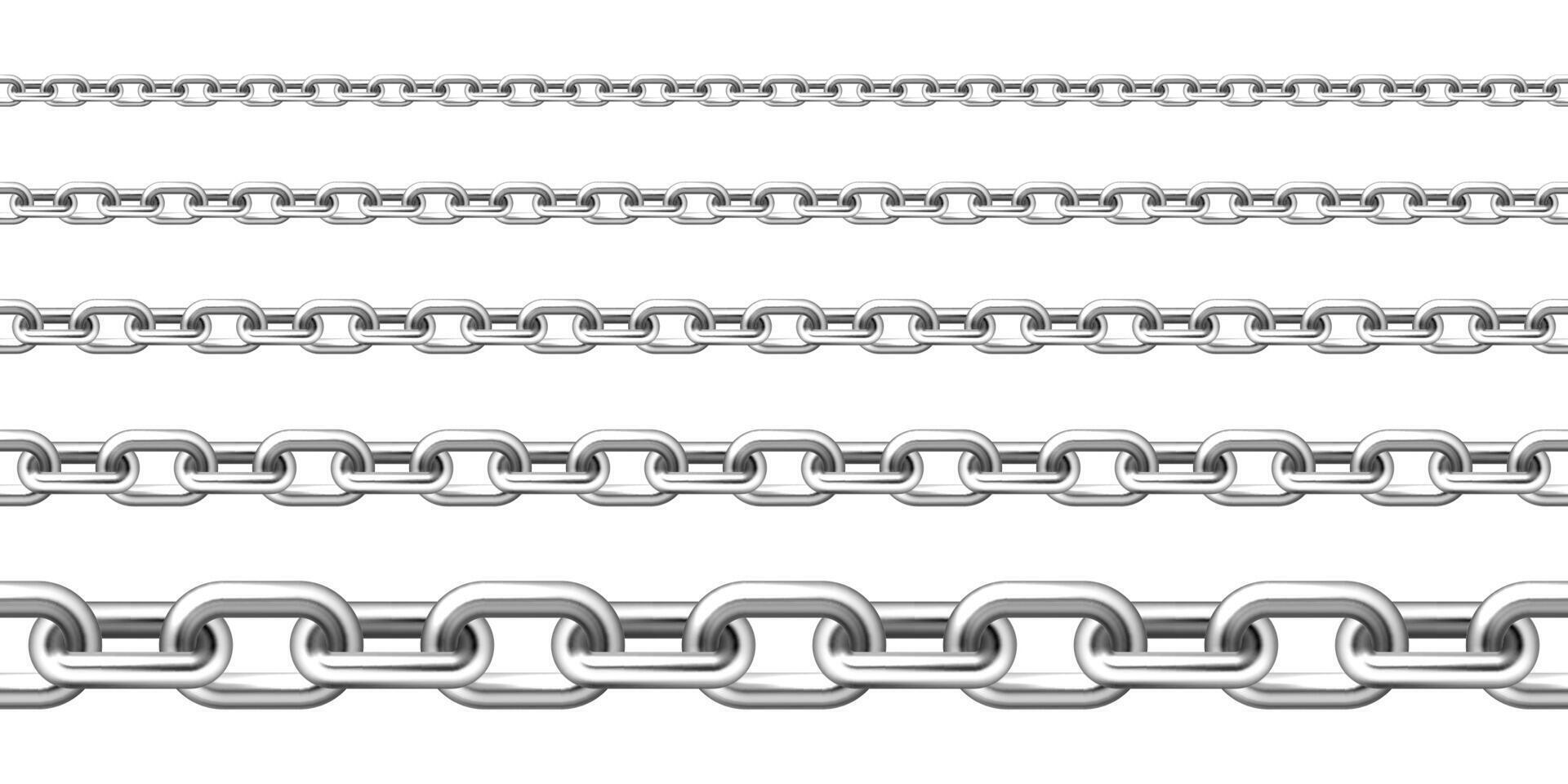 Realistic seamless metal chain with silver links isolated on white background. illustration. vector