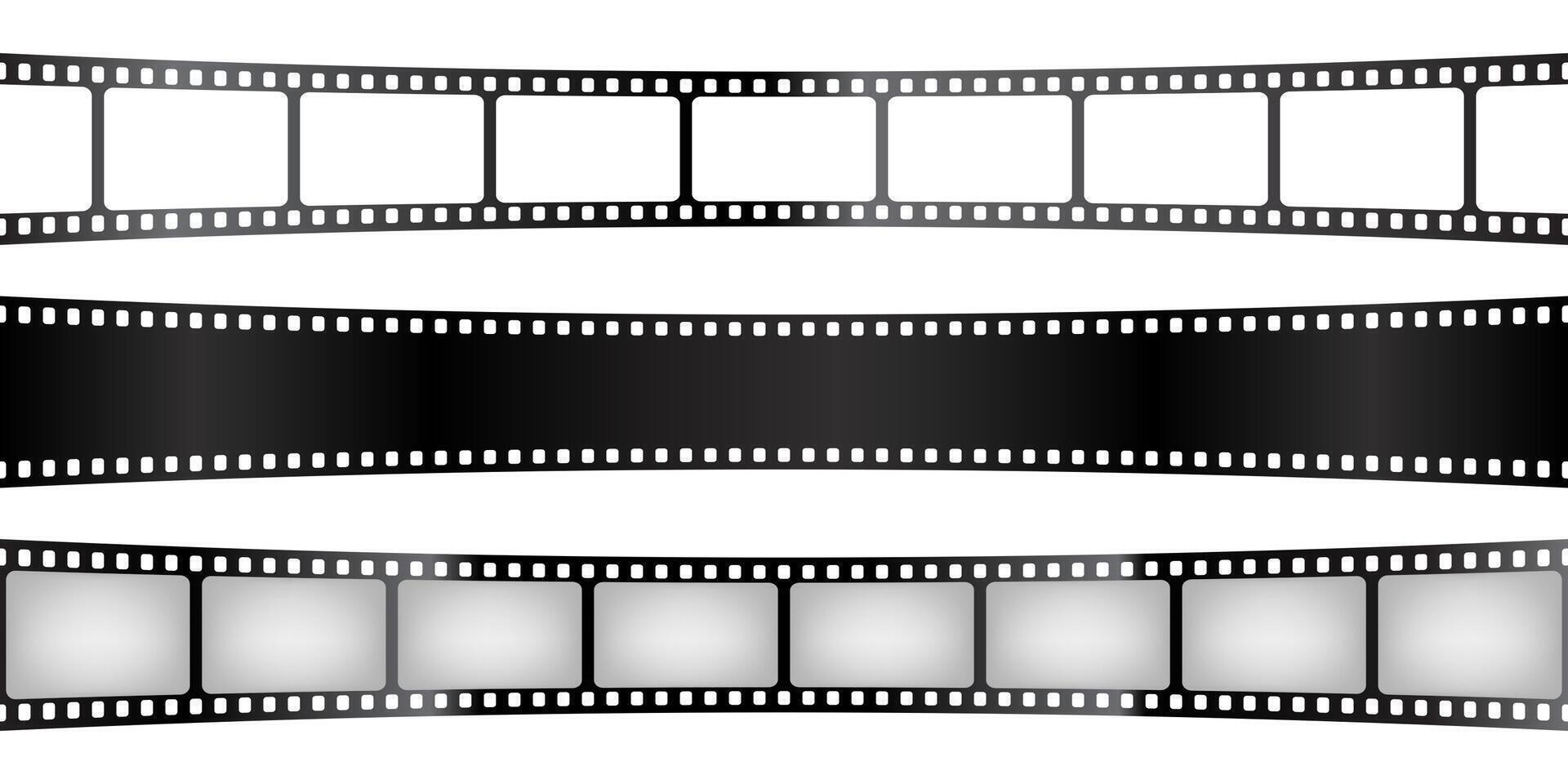 Curved film strips collection. Old retro cinema movie strip. Analog recording equipment. illustration vector