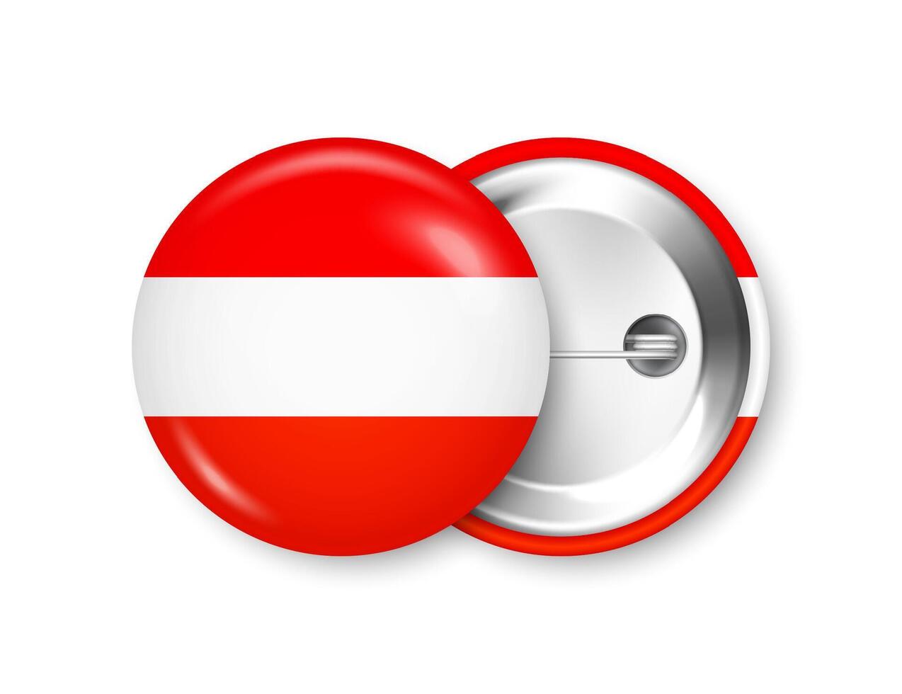 Realistic button badge with printed Austrian flag. Souvenir from Austria. Glossy pin badge with shiny metal clasp. Product mockup for advertising and promotion. illustration vector
