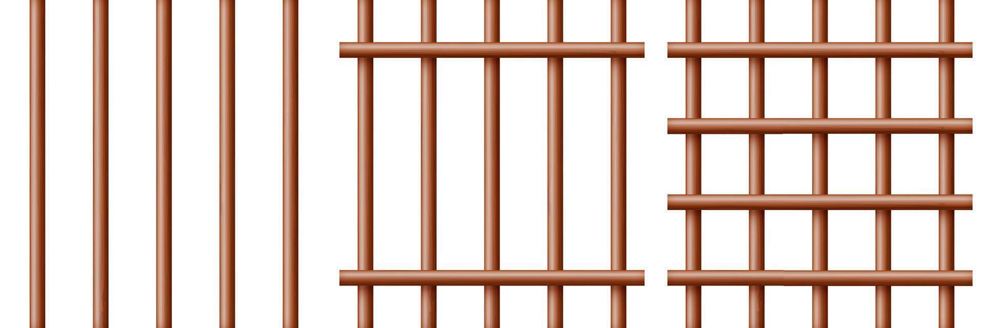 Realistic dark wooden lattice, rural picket fence. Farm or village house boundary, garden enclosing planks. Detailed wooden jail cage. Criminal background mockup. Creative illustration vector