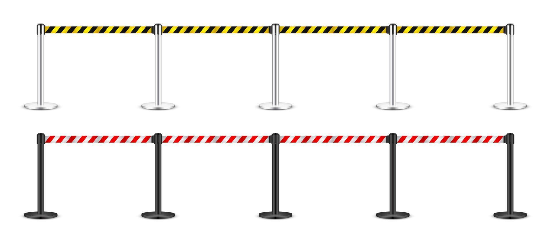 Realistic yellow and red retractable belt stanchion. Crowd control barrier posts with caution strap. Queue lines. Restriction border and danger tape. Attention, warning sign. illustration vector