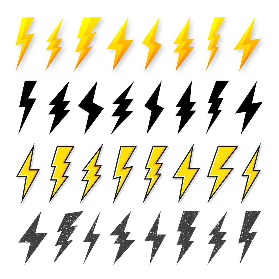 Black and yellow lightning bolt icons isolated on white background. Vintage flash symbol, thunderbolt with grunge texture. Simple lightning strike sign. illustration. vector