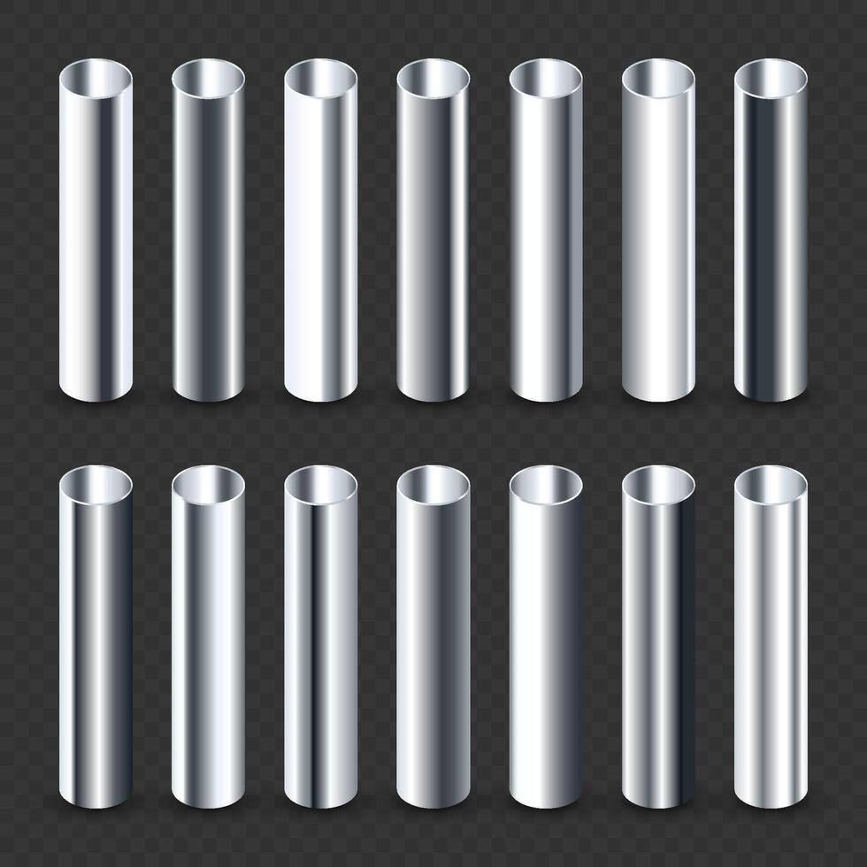 Steel pipes collection. Construction material, pipeline. Industry and engineering. Polished metal texture with silver gradient. illustration vector