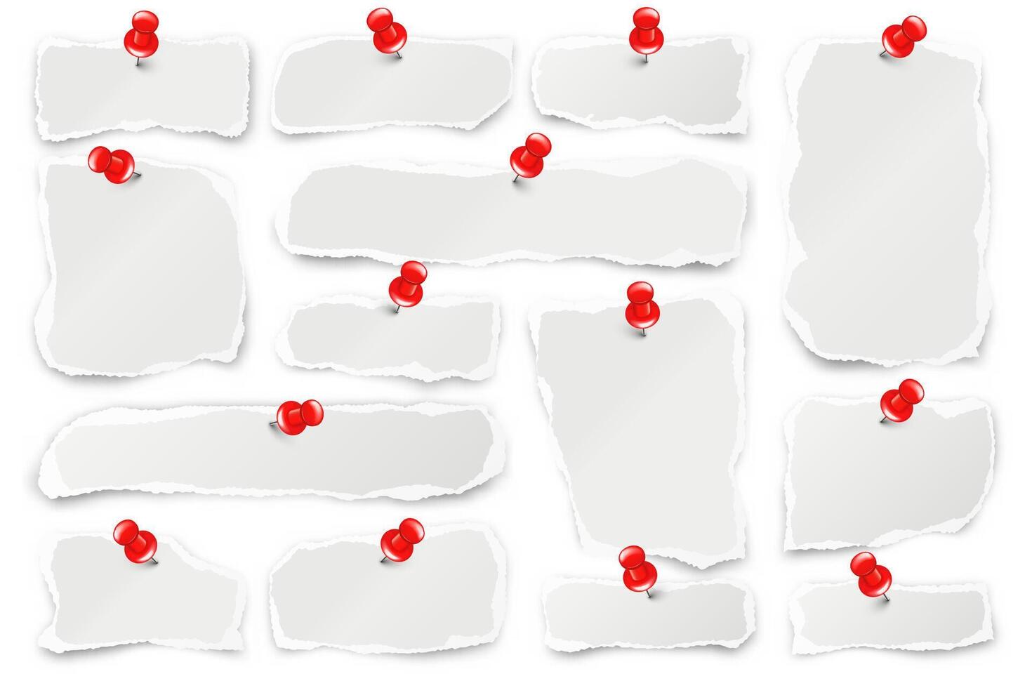 Ripped paper strips with red push pins. Realistic crumpled paper scraps with torn edges. Shreds of notebook pages. illustration. vector