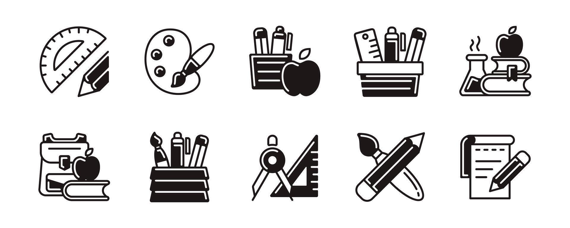 education supply school stationery icon set student equipment back to school element contains pen, crayons, ruler, pencil, book, notebook, backpack, compass signs illustration vector