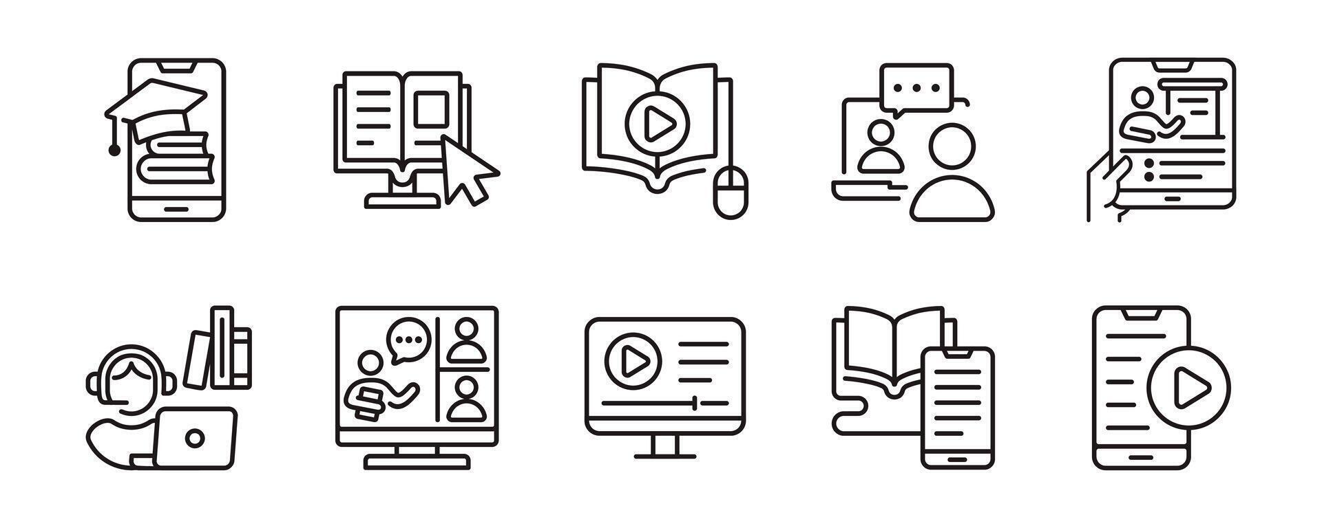 online course icon set education tutorial study book digital learning seminar conference signs line illustration vector