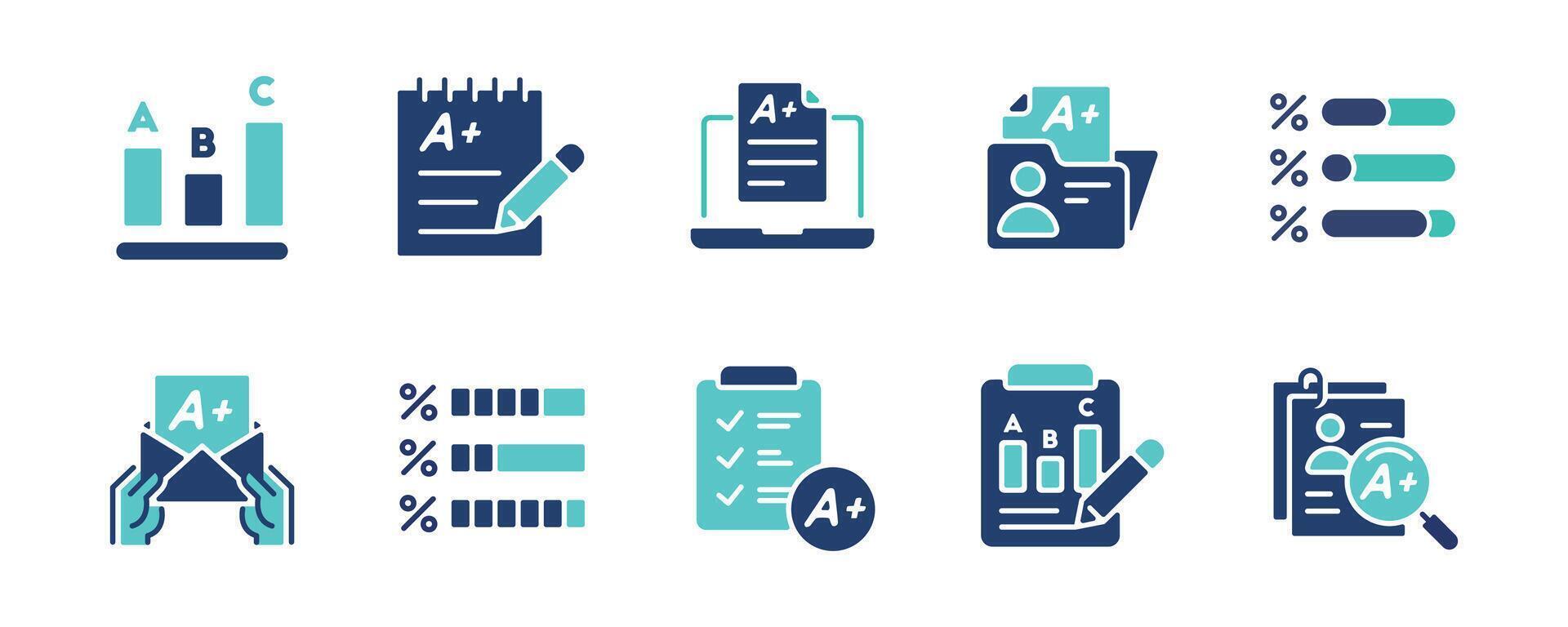 quiz exam score grade icon set questionnaire evaluation result data analysis signs illustration vector