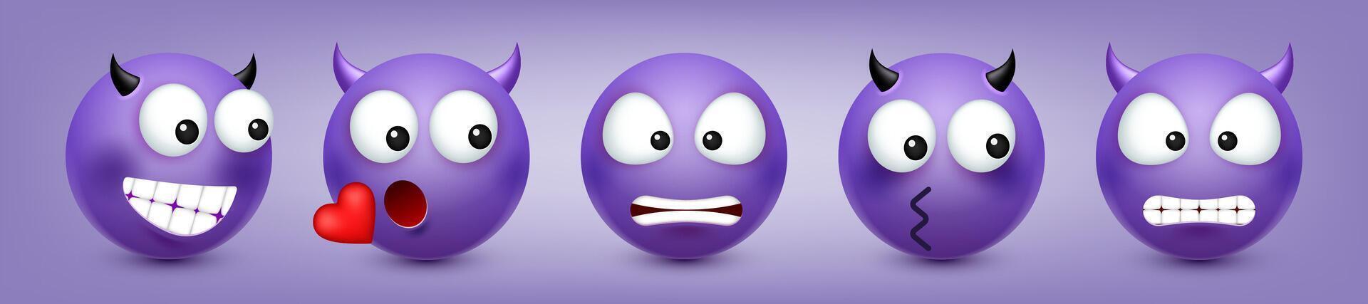 Purple emoji faces with different expressions vector
