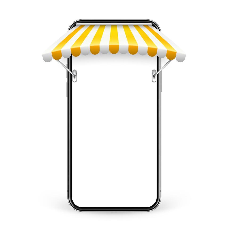 Smartphone with shop sunshade and metal mount, online internet shopping. Realistic yellow striped cafe awning. Outdoor market tent. Roof canopy. Summer street store. illustration vector