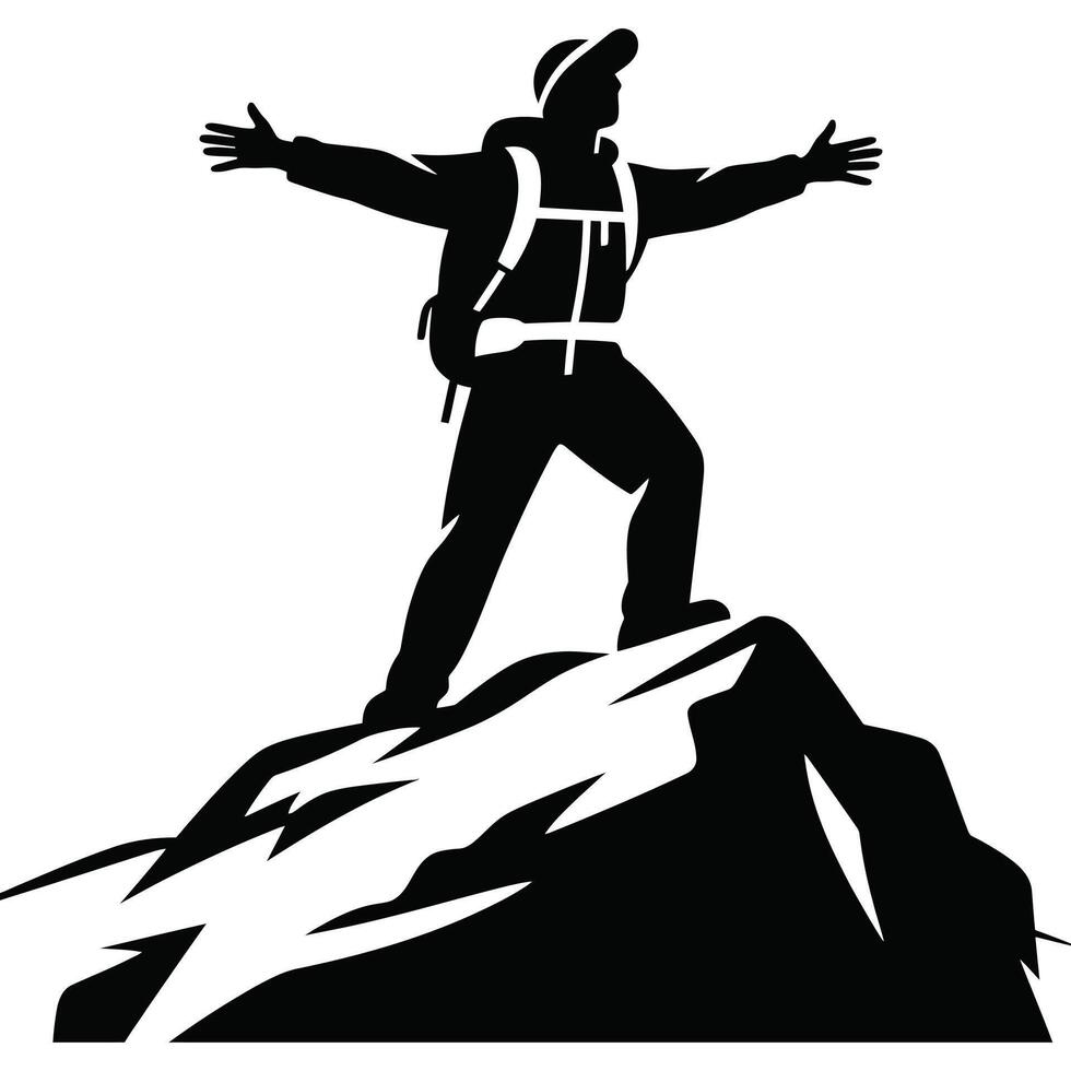 A silhouette of a hiker with a backpack standing on top of a mountain with outstretched arms high up vector