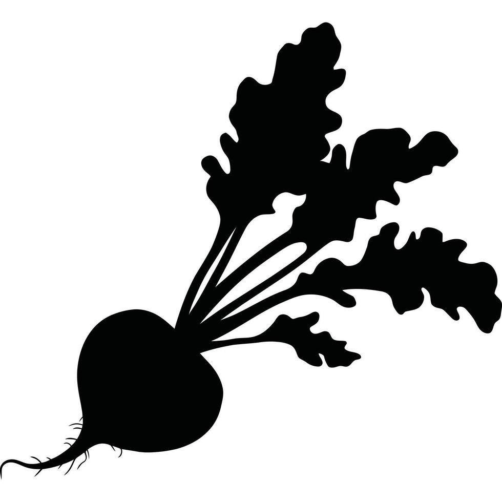 A silhouette of a beet with large leaves and a root extending from the bottom against white background vector