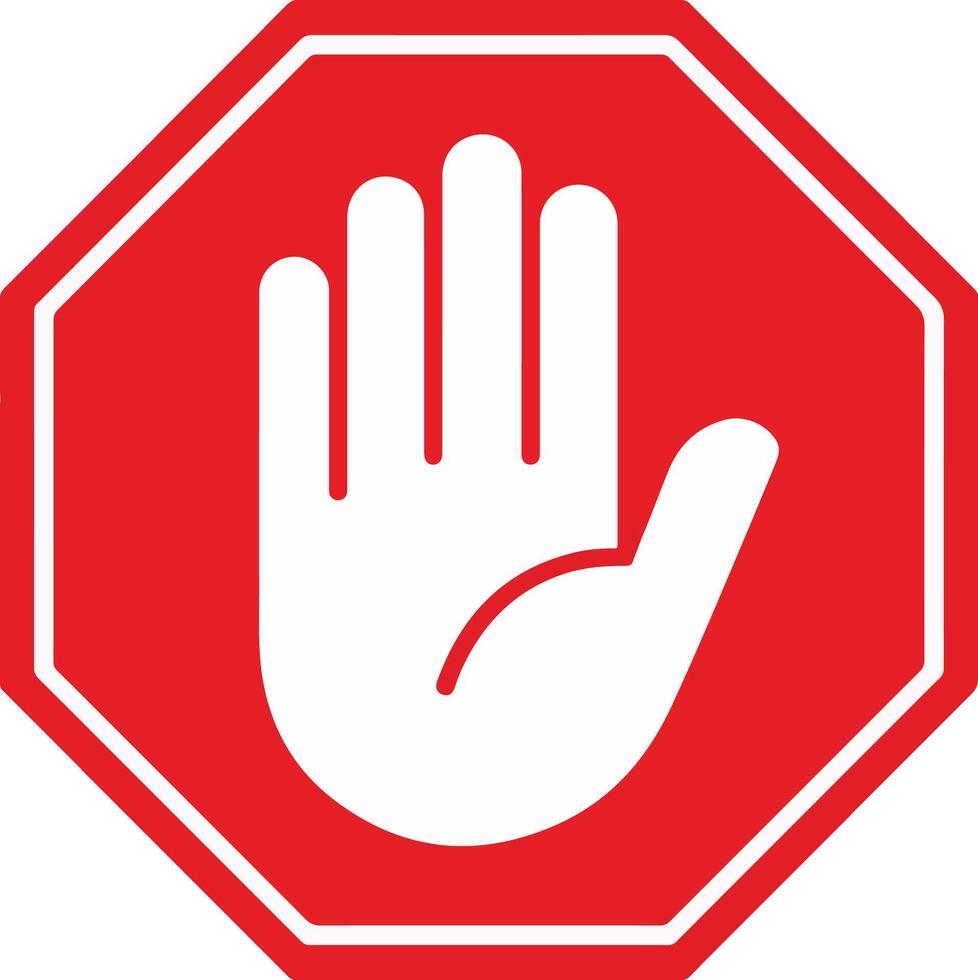 Stop Sign with Hand Graphic Urgent Warning of Prohibition, Red Octagon Shape, Clear Visual Cue for Halt and Prevention vector