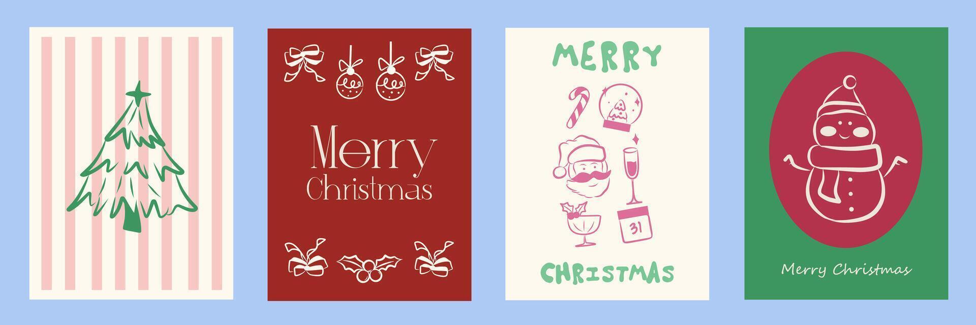 Hand drawn whimsical Christmas doodles. Simple illustration cards, christmas tree icon, bows and santa. Minimalist winter line art. Illustration for invitations, stationery, printables, social media. vector