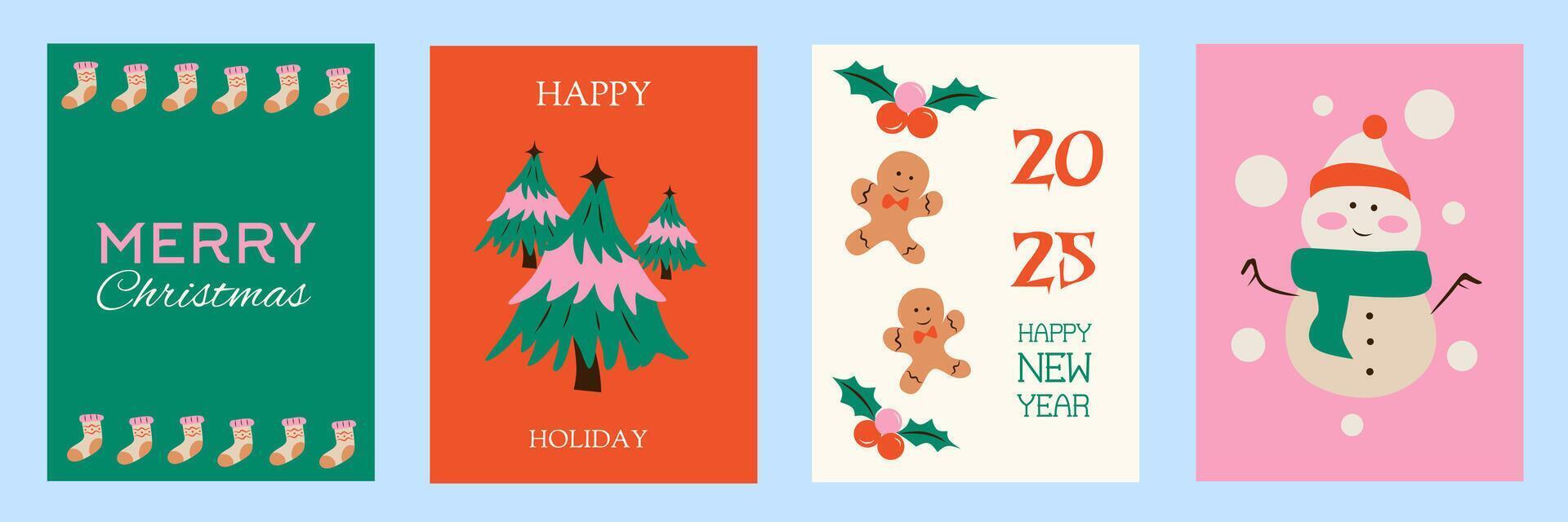 Merry Christmas and Happy New Year decoration. Set of flat illustrations for background, poster, greeting card, party invitation card, website banner, social media banner, marketing material, label. vector