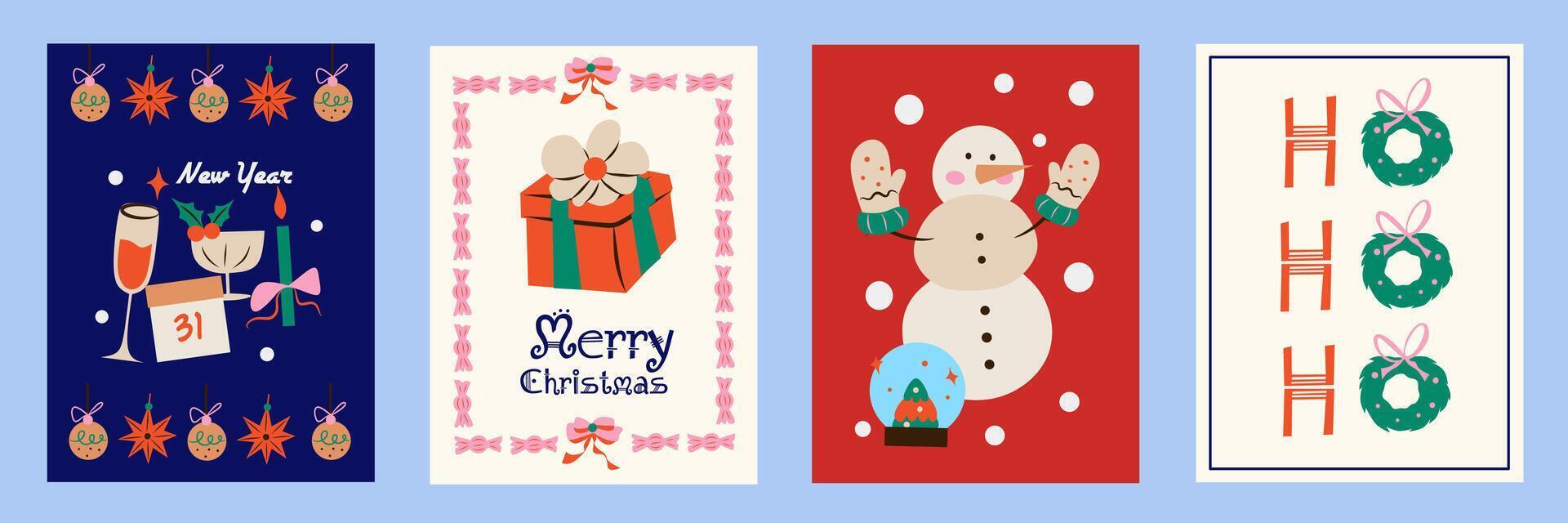 Merry Christmas and Happy New Year decoration. Set of cute illustrations for background, poster, greeting card, party invitation card, website banner, social media banner, marketing material, label. vector