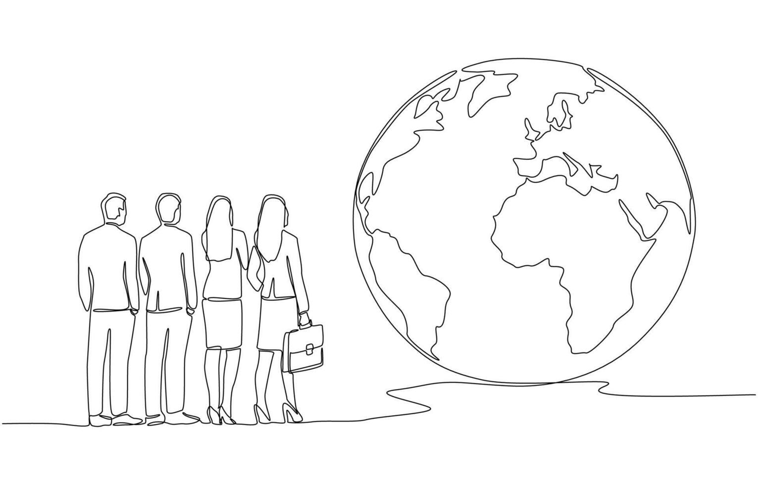 Continuous one line drawing of business professionals standing together and looking at earth globe, team vision and international business opportunity concept, single line art. vector