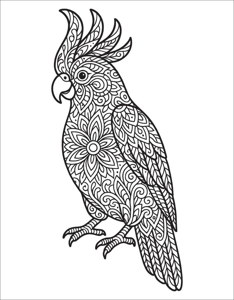 Parrot mandala coloring page for adults. vector