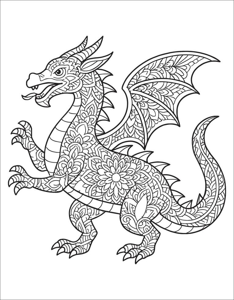 Dragon mandala coloring page for adults. Animal mandala coloring page vector