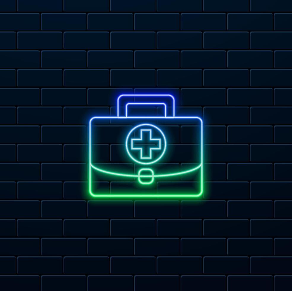 First aid kit flat style design illustration. neon style. medical bag box icon medical health suitcase sign with a red cross on it vector