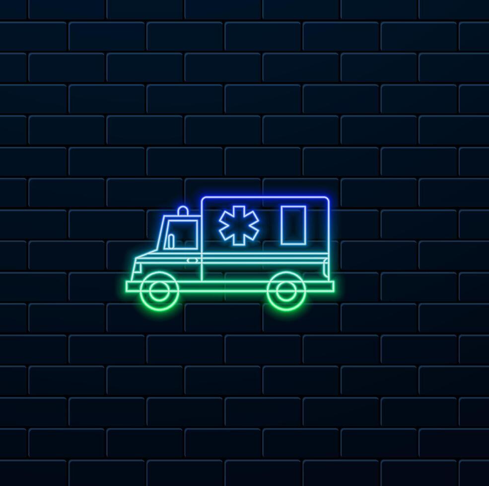 line icon of the ambulance rushing to the emergency situation. neon style. vector