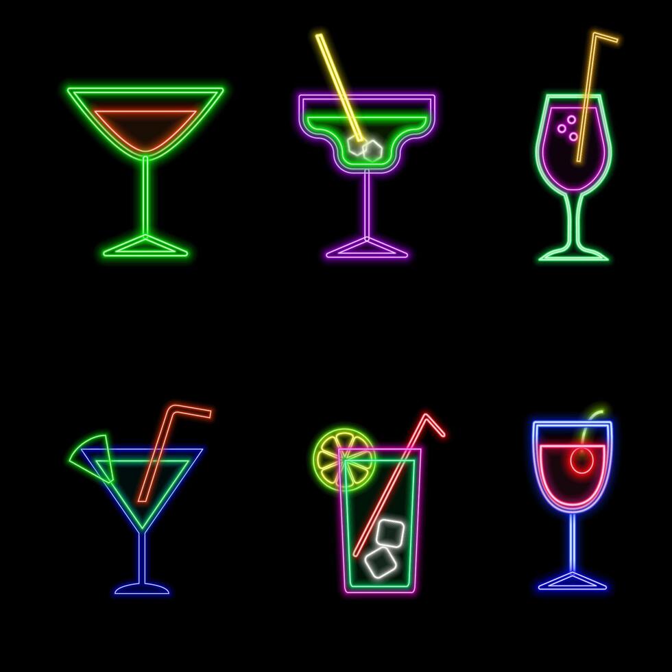 Cocktail with lemon, lime. Party concept. Cocktails neon icon set. Cocktails collection neon signs. neon drinks. Bright illustration of drinks promotion. vector