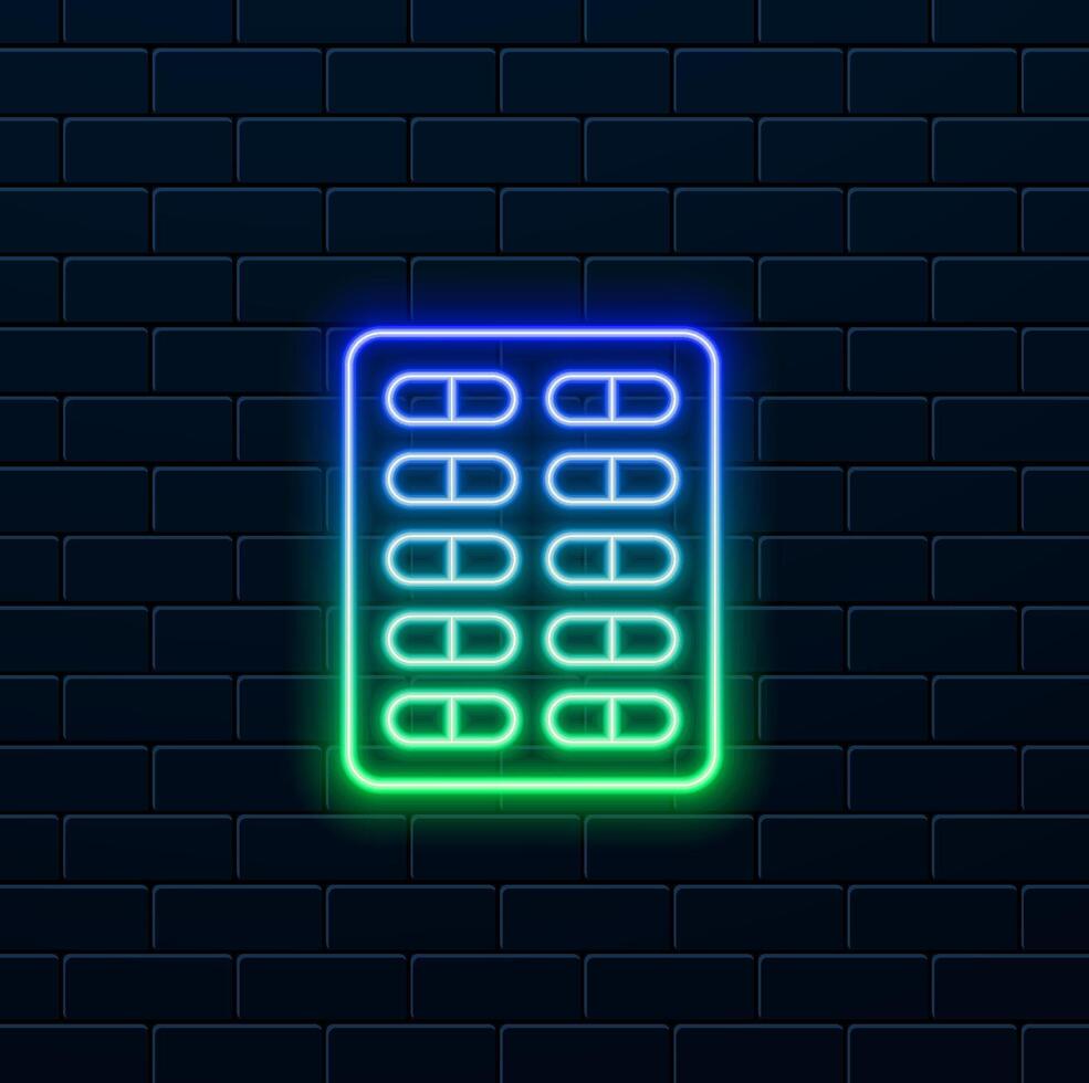 Icon of medicine tablets, capsules.neon style. illustration of a well-being symbol with antibiotics, painkillers. vector
