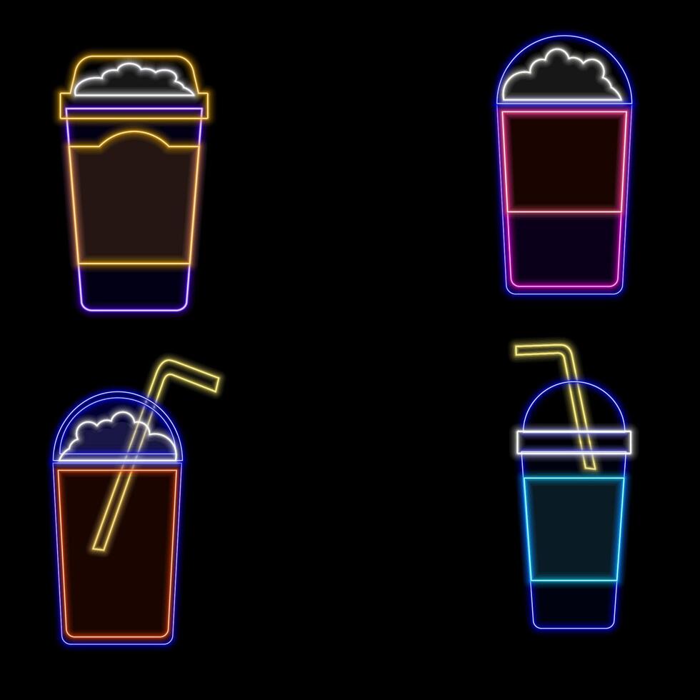 Cocktails neon icons set. Cocktails neon collection. Glossy sign boards, light strip. Modern trend design, night light board, badges, design template. neon drinks. neon. vector