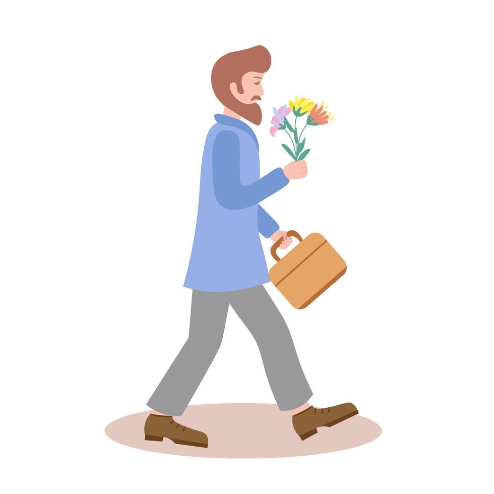 man with bouquet of flowers. Illustration for printing, backgrounds, covers and packaging. Image can be used for greeting card, poster, sticker and textile. Isolated on white background. vector