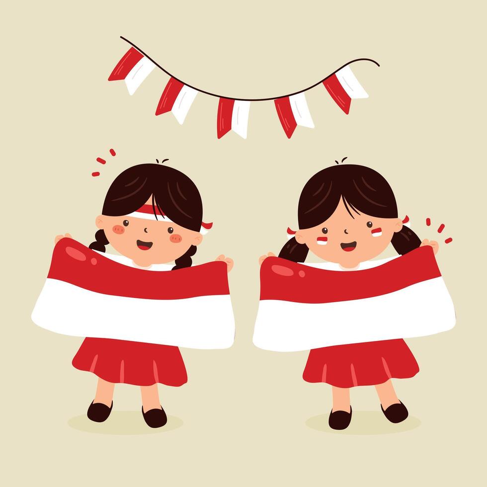 Cute Girls Holding Indonesian Flag Celebrating Indonesia Independence Day vector