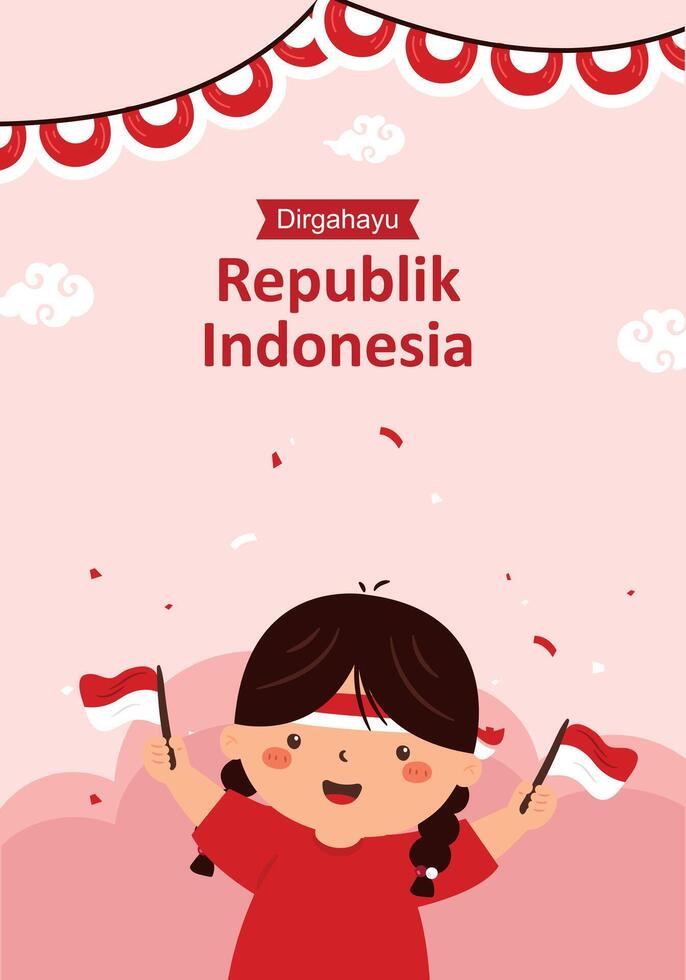 Cute Girl Holding A Flag for Indonesia Independence Day Celebration vector