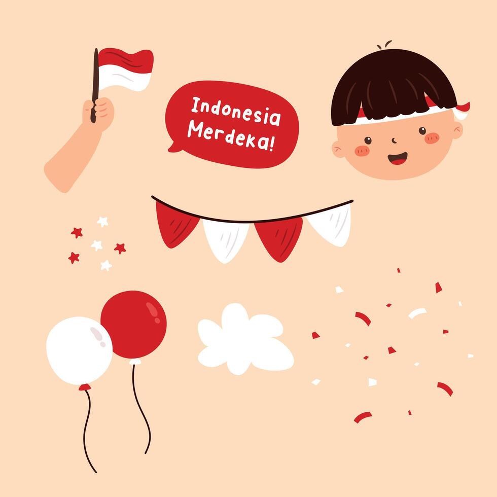 Indonesia Independence Day Cute Illustration Set vector