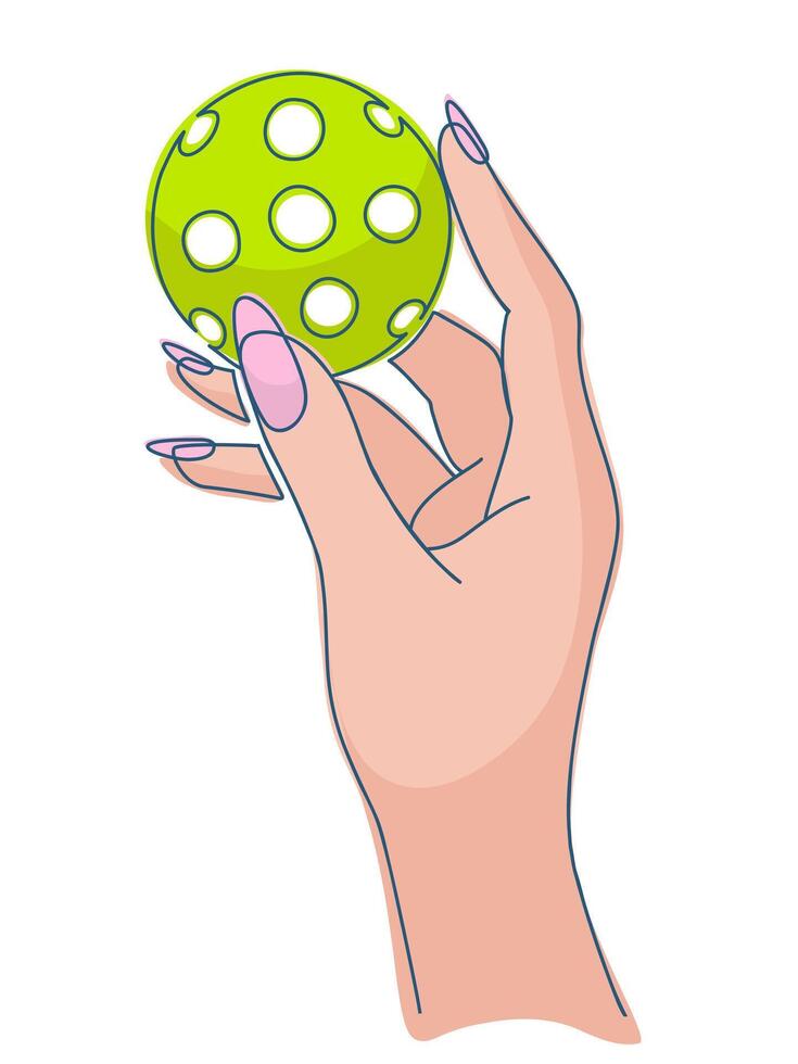 Bright illustration female hand holding colorful pickleball ball isolated on white background. Perfect for use in sports designs, digital content vector