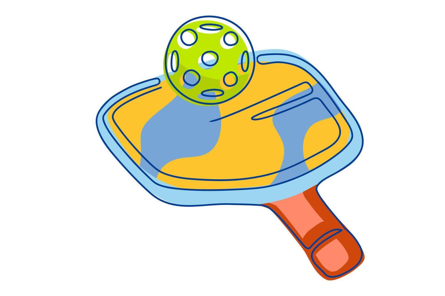 Bright illustration of pickleball racket with ball on it, isolated on white background. Perfect for use in sports design, social media graphics and pickleball related products vector
