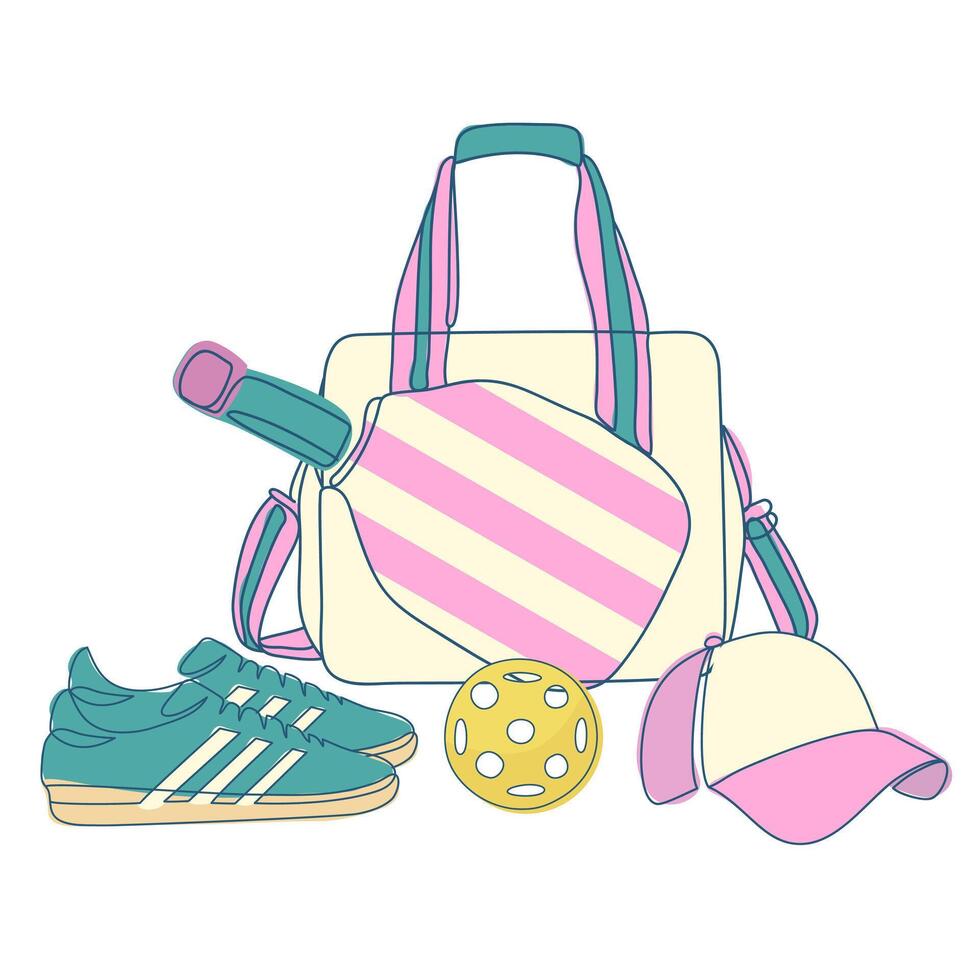 Stylized illustration of pickleball equipment paddle, shoes, bag, cap, and ball in pastel tones. Perfect for sport themed prints, branding, social media, or merchandise design vector