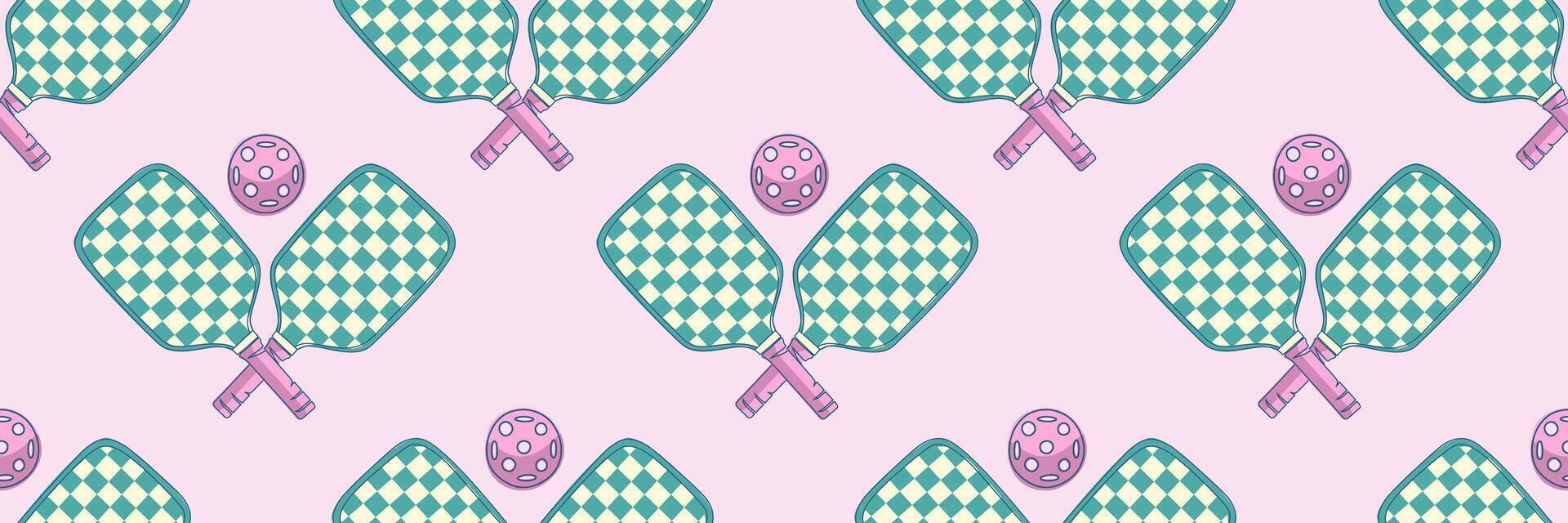 Seamless pattern with turquoise pickleball rackets and balls on soft pink background. Great for textile prints, gift wrapping, wallpaper or background vector