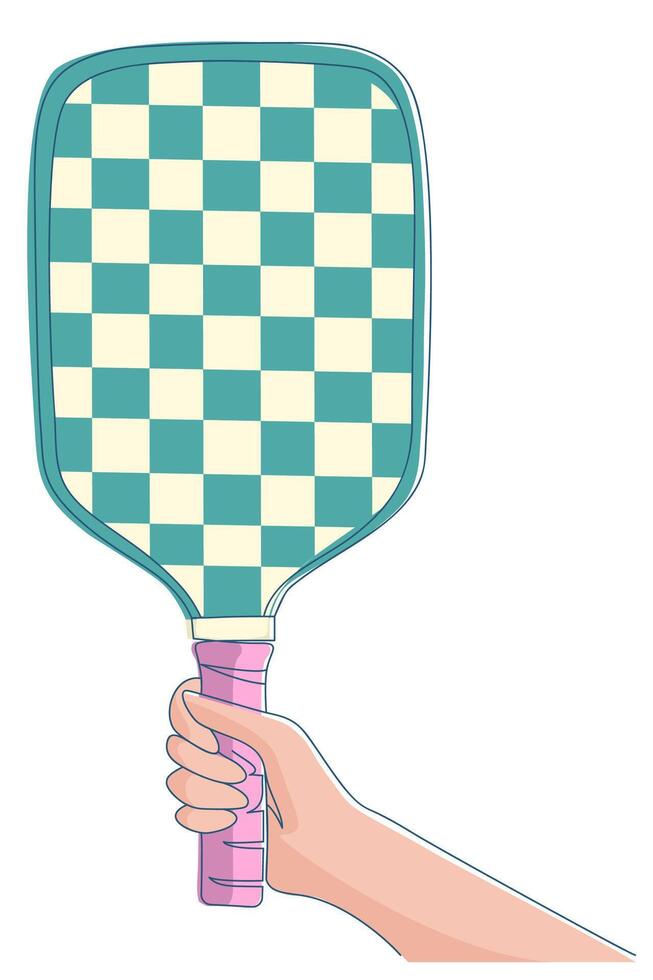 Woman's hand holds vertical colorful pickleball racket Isolated on white background, perfect for icons, prints, or web graphics vector