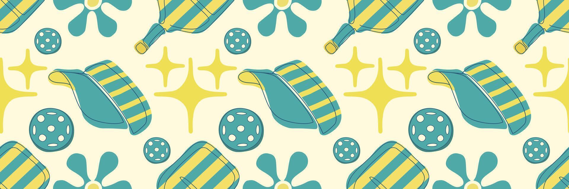 Seamless pattern in retro style with pickleball paddles, balls, and stars in green colors on light background. Perfect for fabric, stationery, branding, or sports packaging vector
