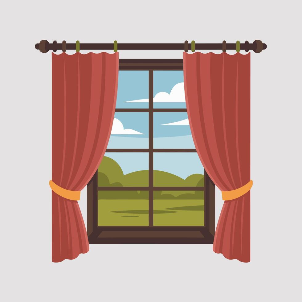 Elegant Curtains Parted to Reveal Outdoor View vector