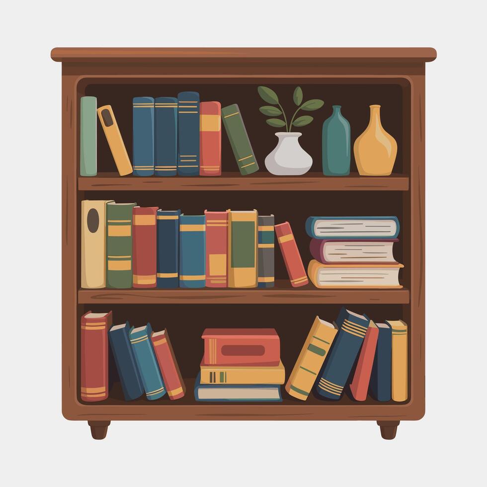 Organized Wooden Shelf with Literature and Ornaments vector