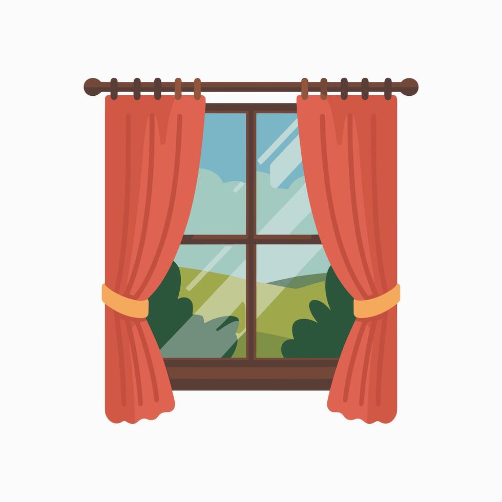 Cozy Room Window Framed by Flowing Curtains vector