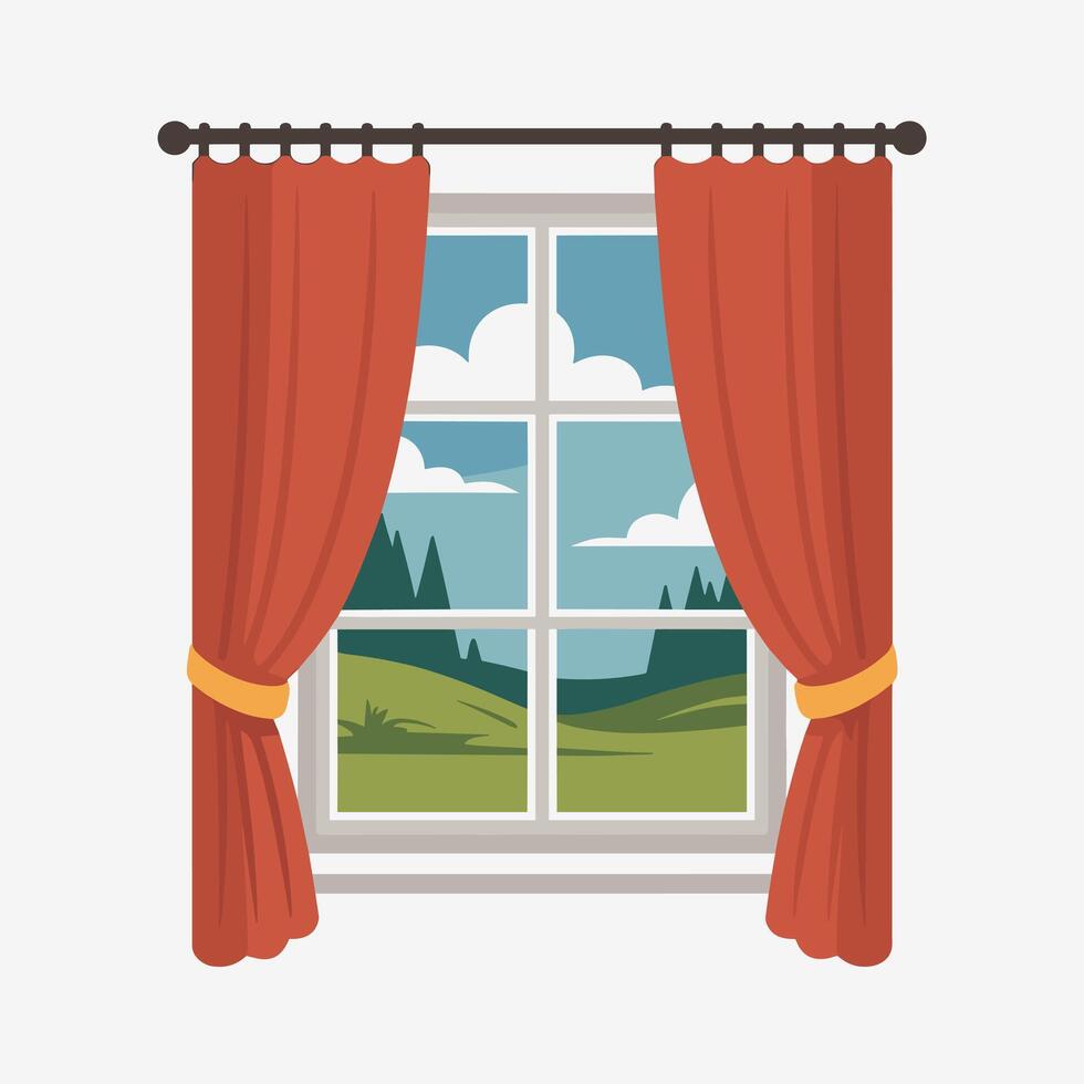 Minimalist Window Scene with Drapes and Scenery vector