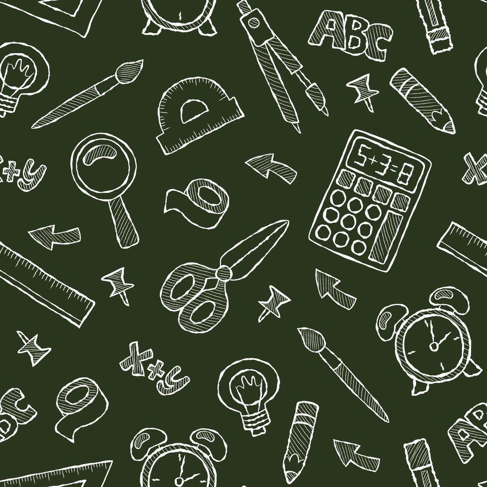 Chalkboard doodle back to school seamless pattern. Repeating educational background with school supplies. Calculator, scissors, magnifying glass, alarm clock. Green background, white chalk elements. vector