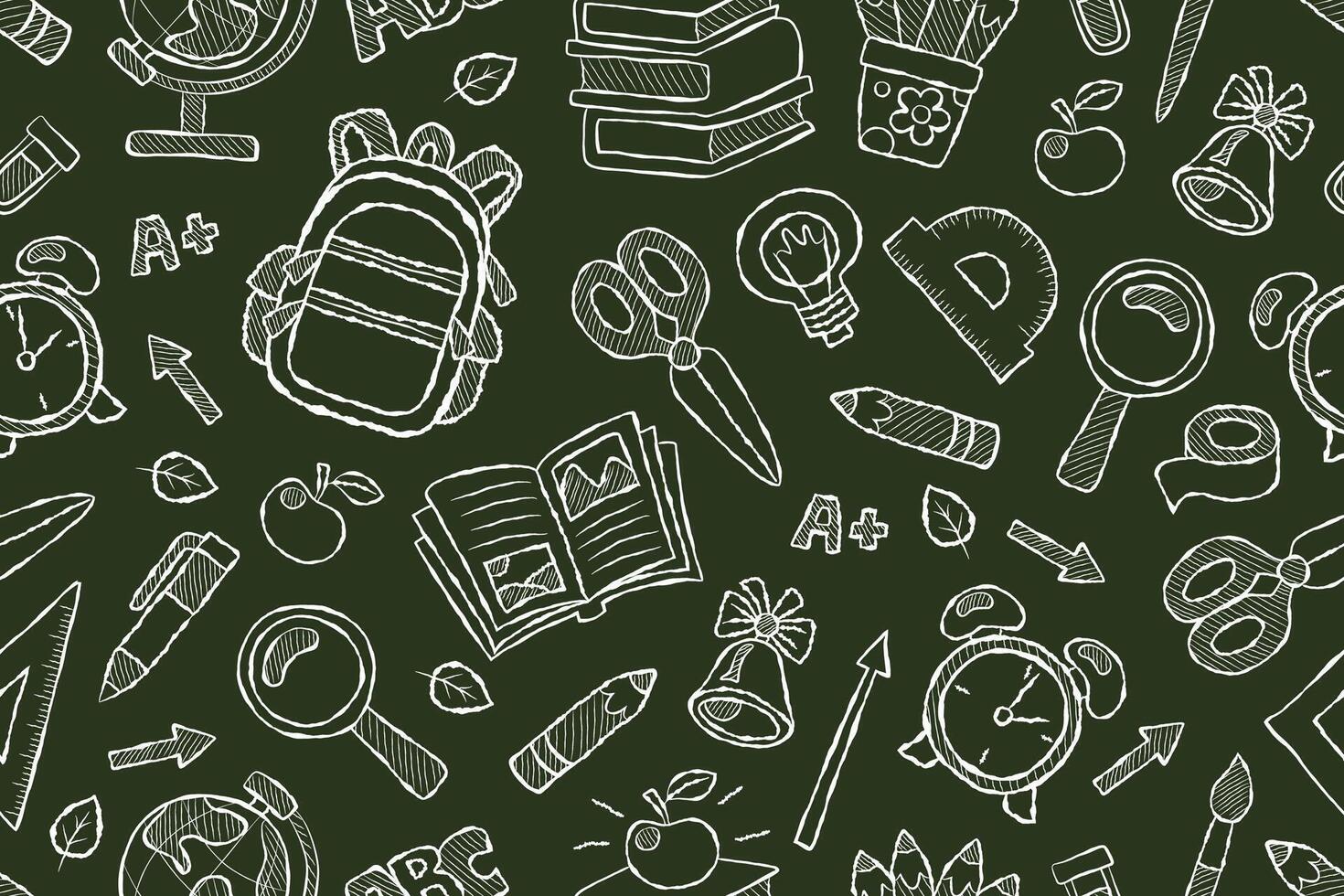 Chalkboard doodle back to school seamless pattern. Repeating educational background with backpack, books, magnifying glass and other school supplies. Green background with white chalk elements. vector