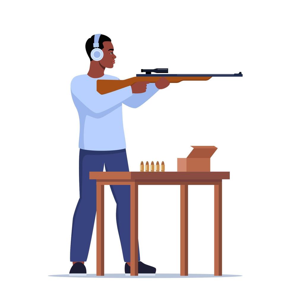Shooter aiming a rifle at a table vector