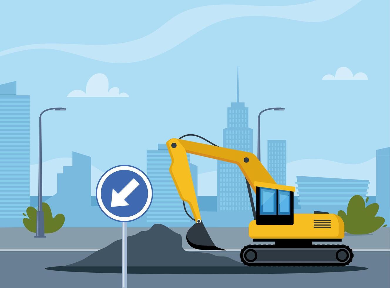 Excavator working on city construction site vector