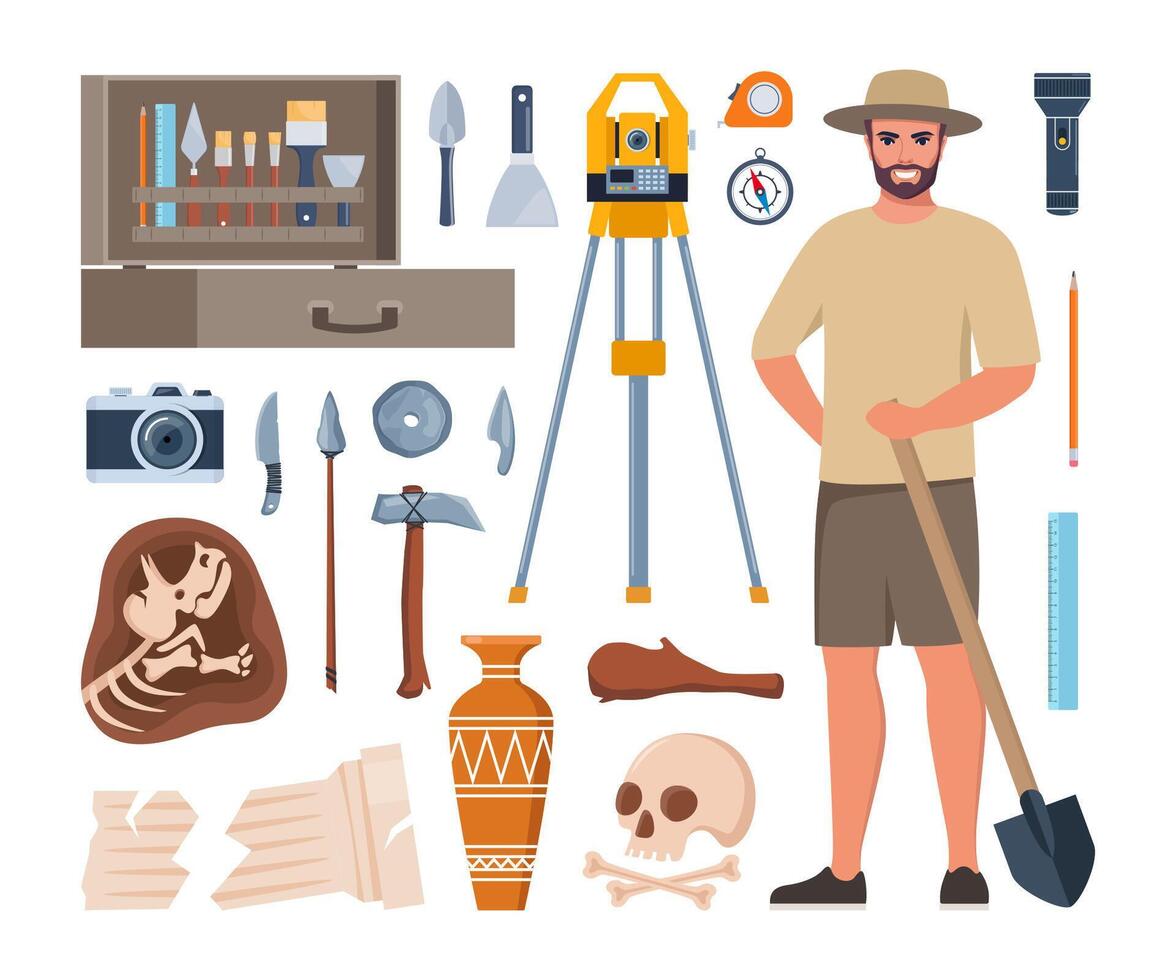Tools and artifacts used by archaeologists vector