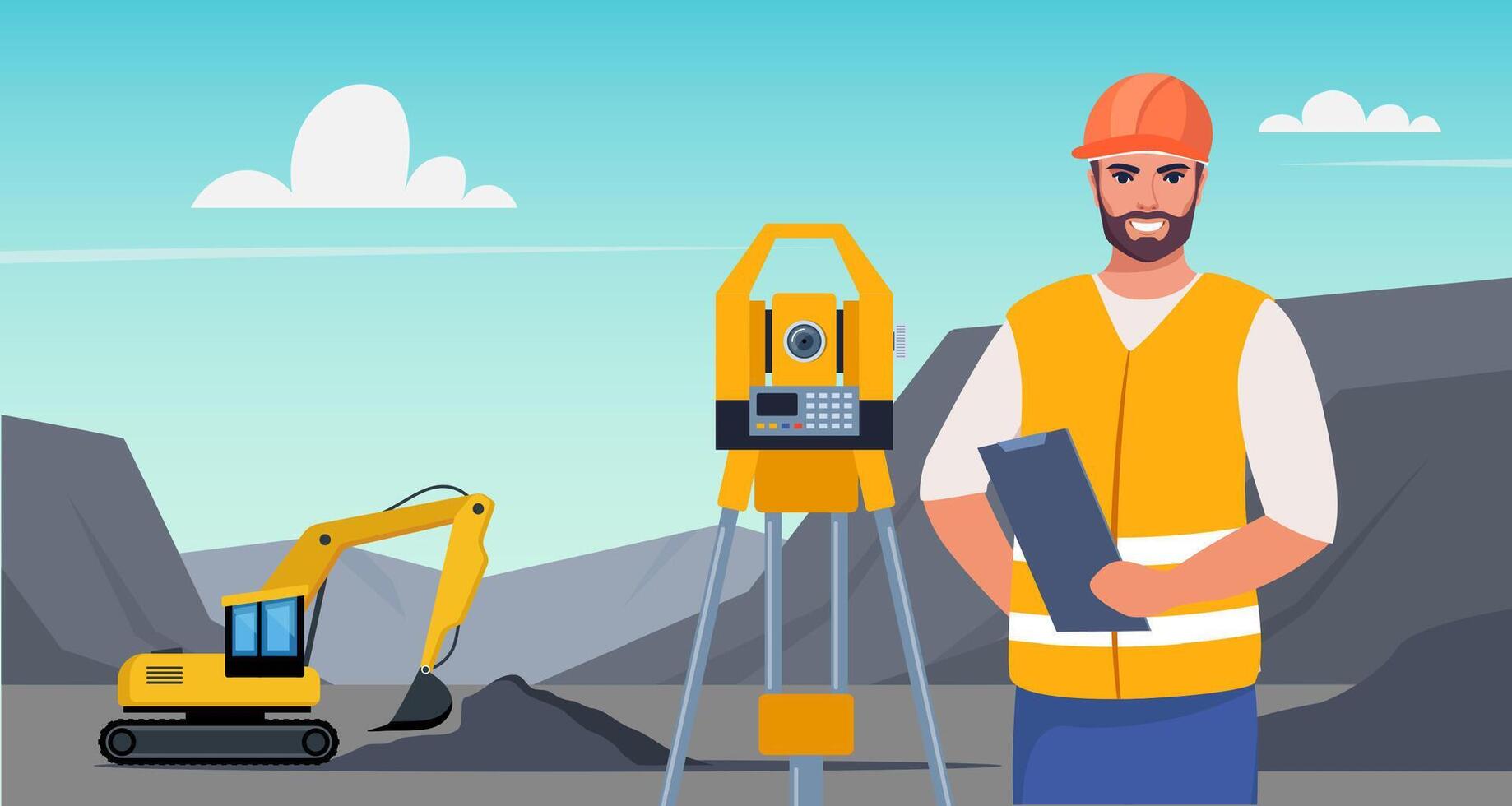 Surveyor with equipment at construction site vector