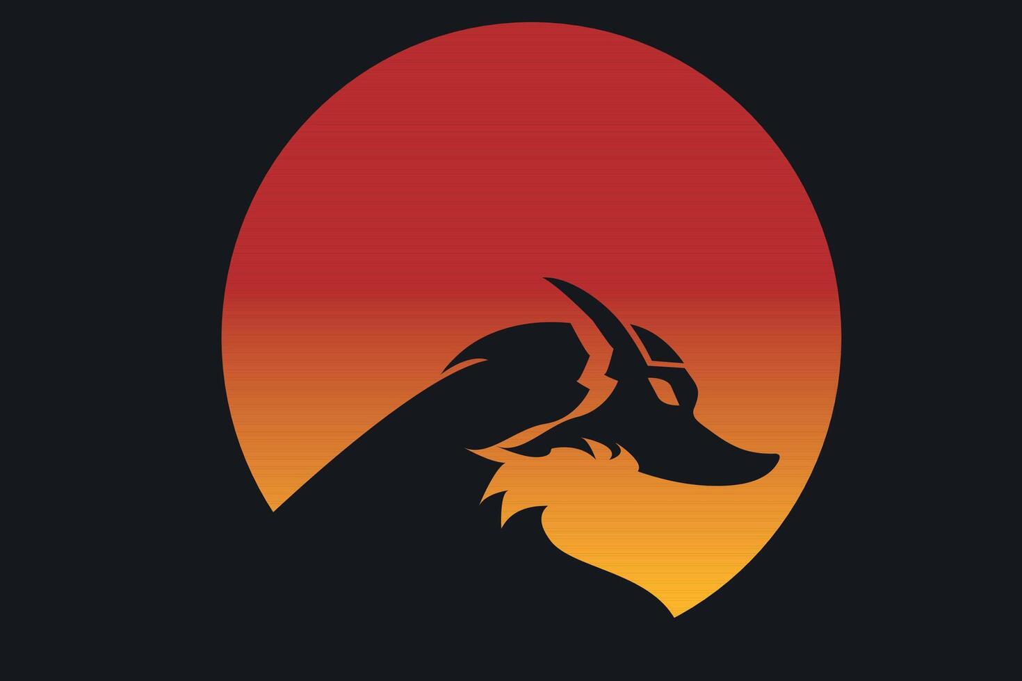 Wolf head silhouette against red sunset circle. illustration. vector